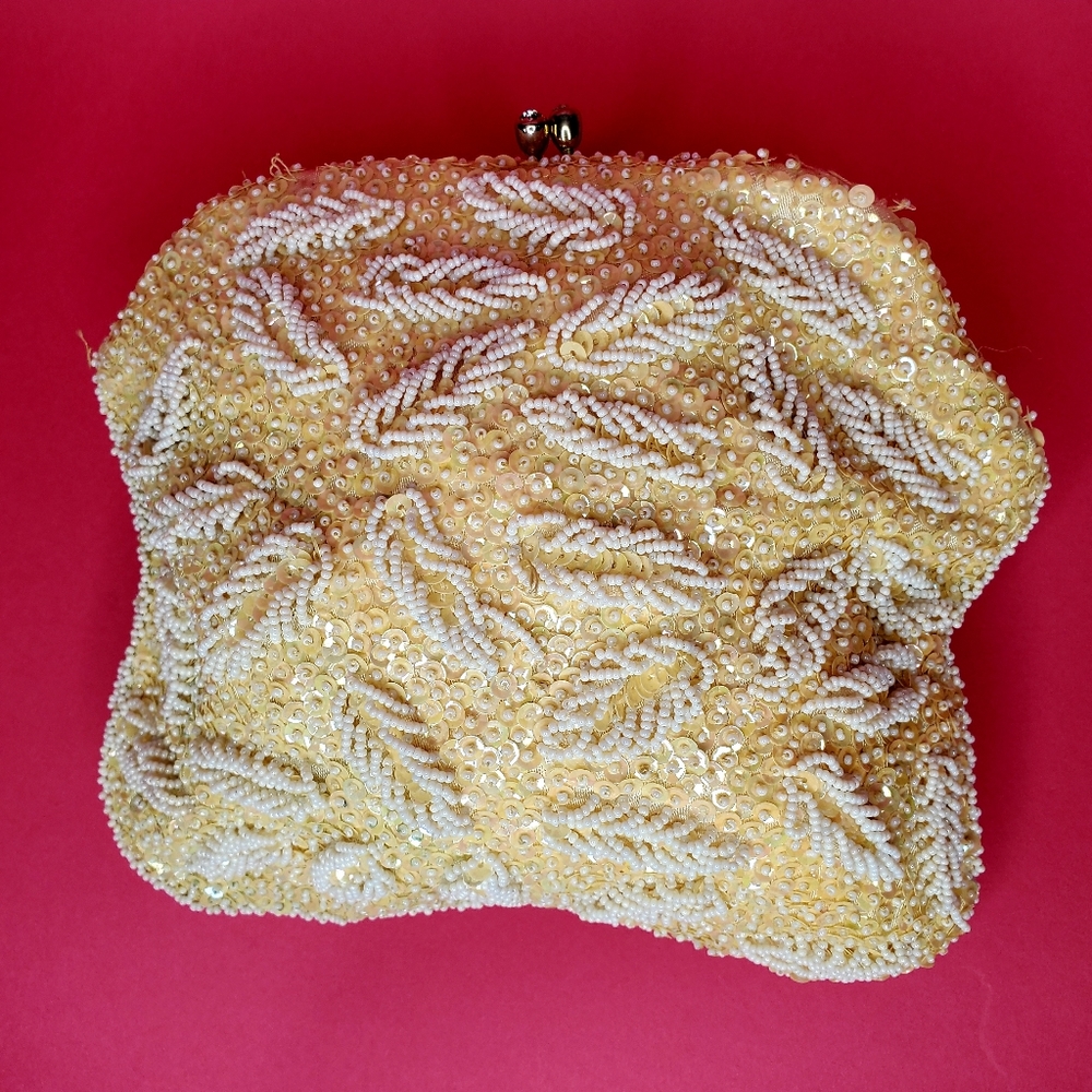 Beaded sequin white and creme vintage clutch
